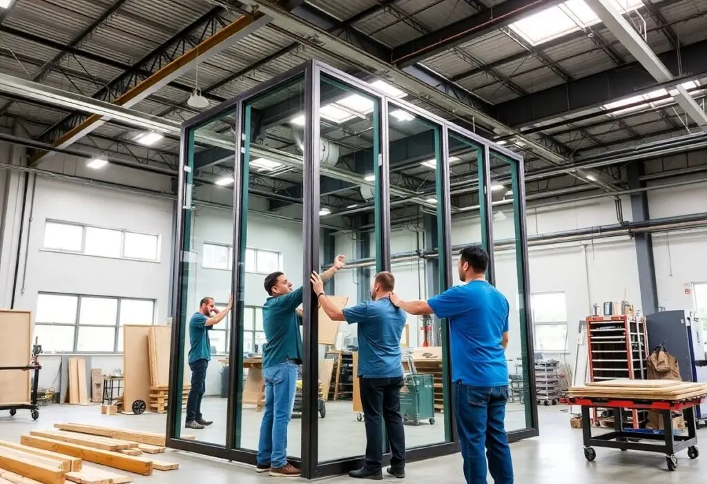 Team of workers built a metal frame